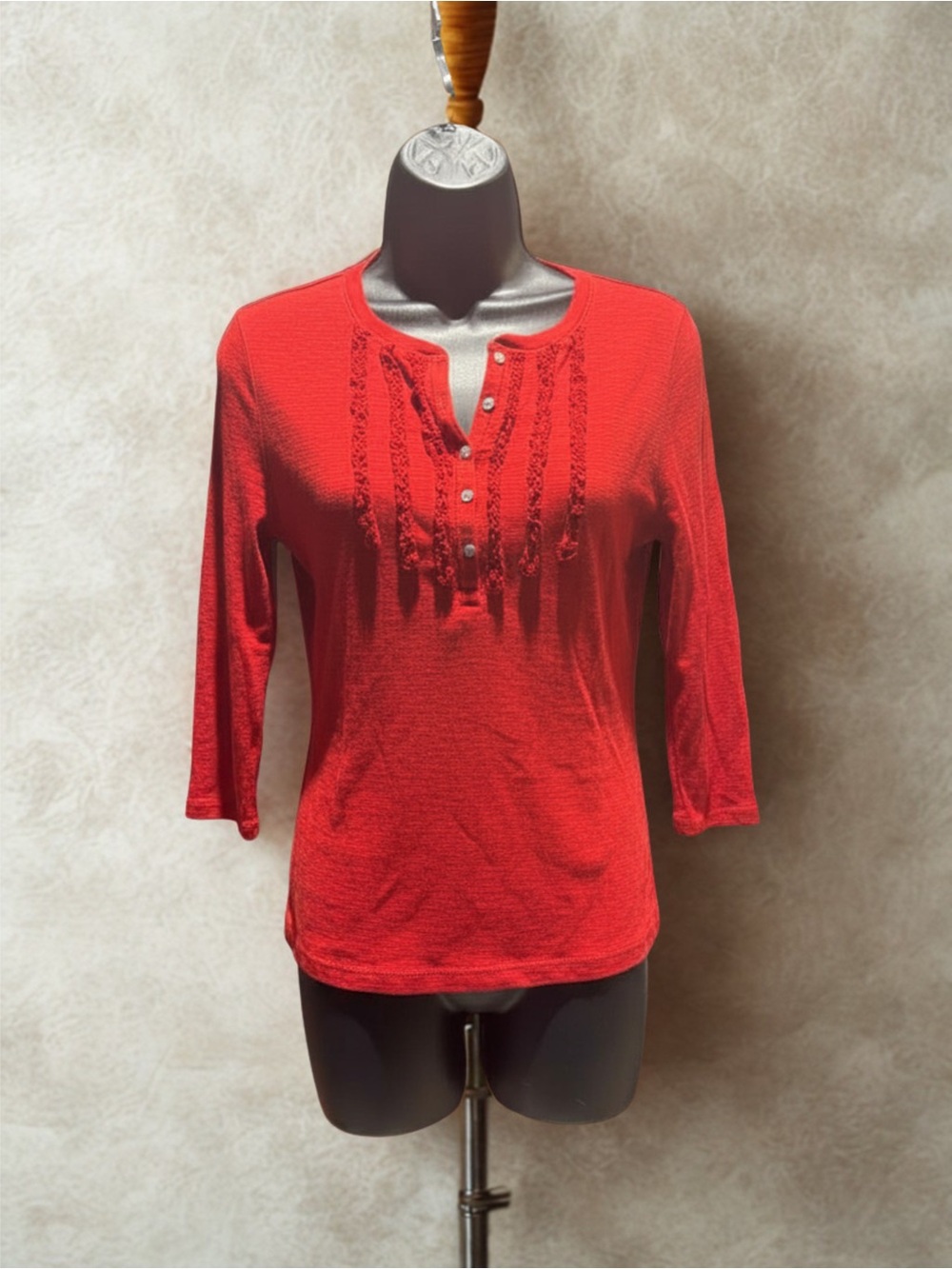 Chaps Red Button-Front Ruffle Trim Knit Top